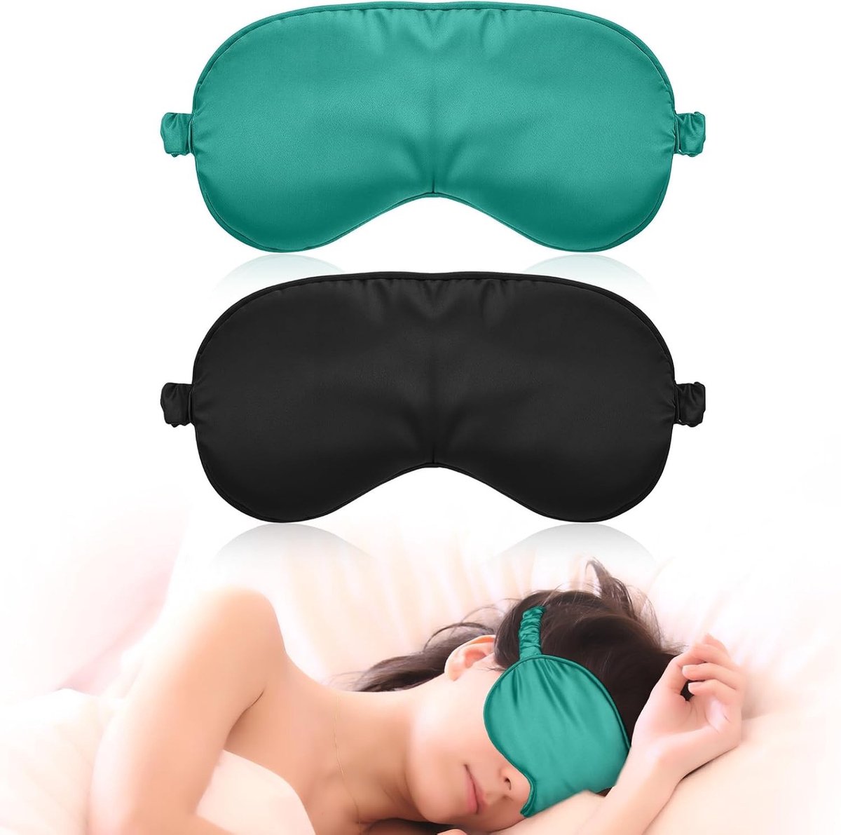 Zijde slaapmasker set van 2, zacht en lichtblokkerend, ideaal voor reizen, ontspanning en betere slaapkwaliteit (Zwart + Donkergroen)