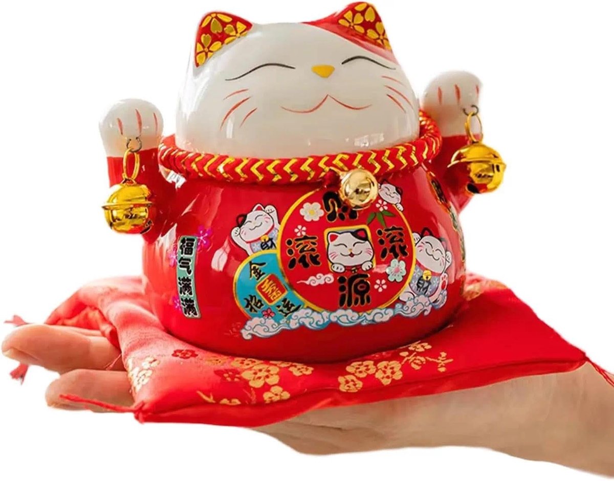 Solidchoice - Keramieken Geluks Kat Spaarpot met Klok en Feng Shui Decor