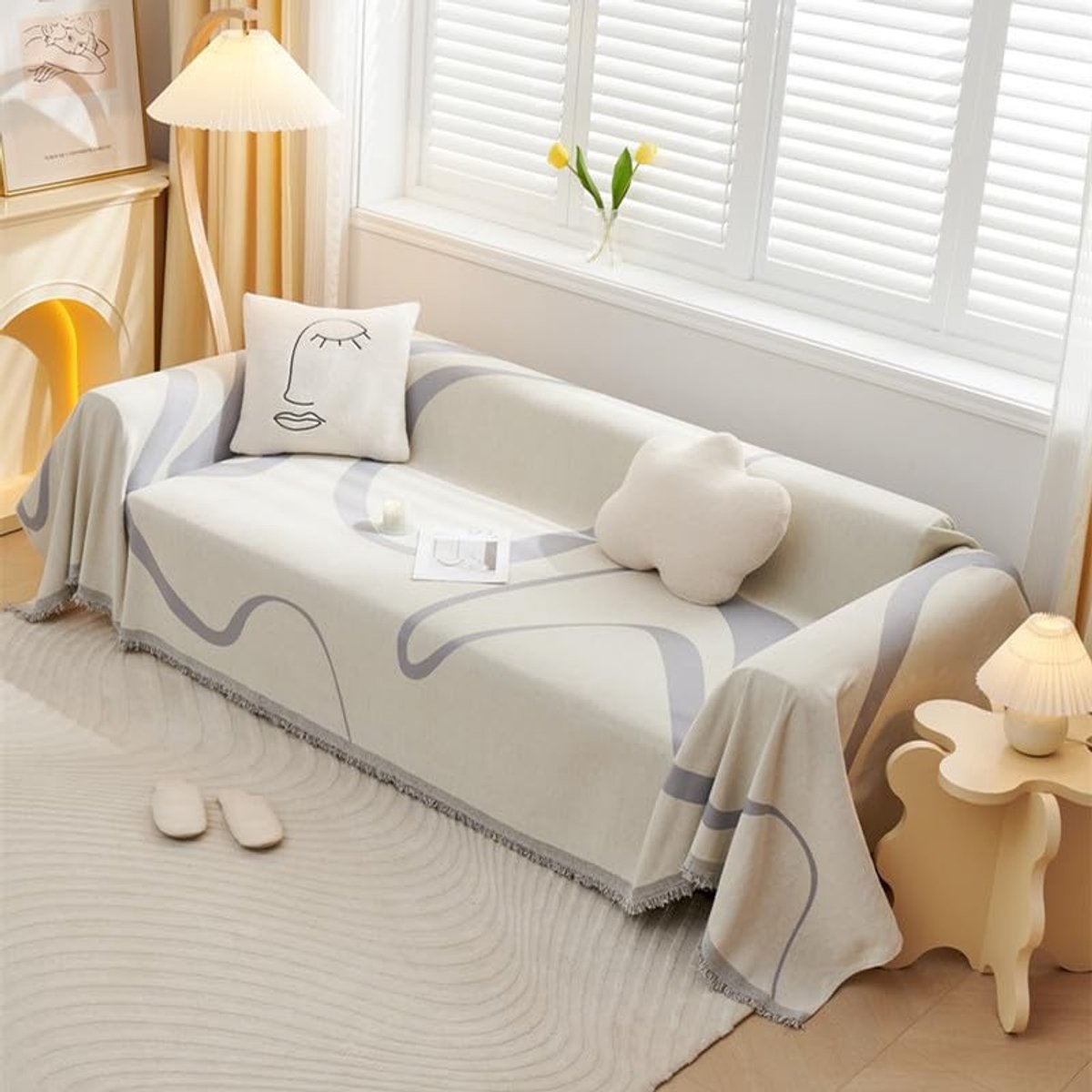 Solidchoice - Chenille Sofakleed met Abstracte Lijnen, 180 x 340 cm - Lichtgrijs