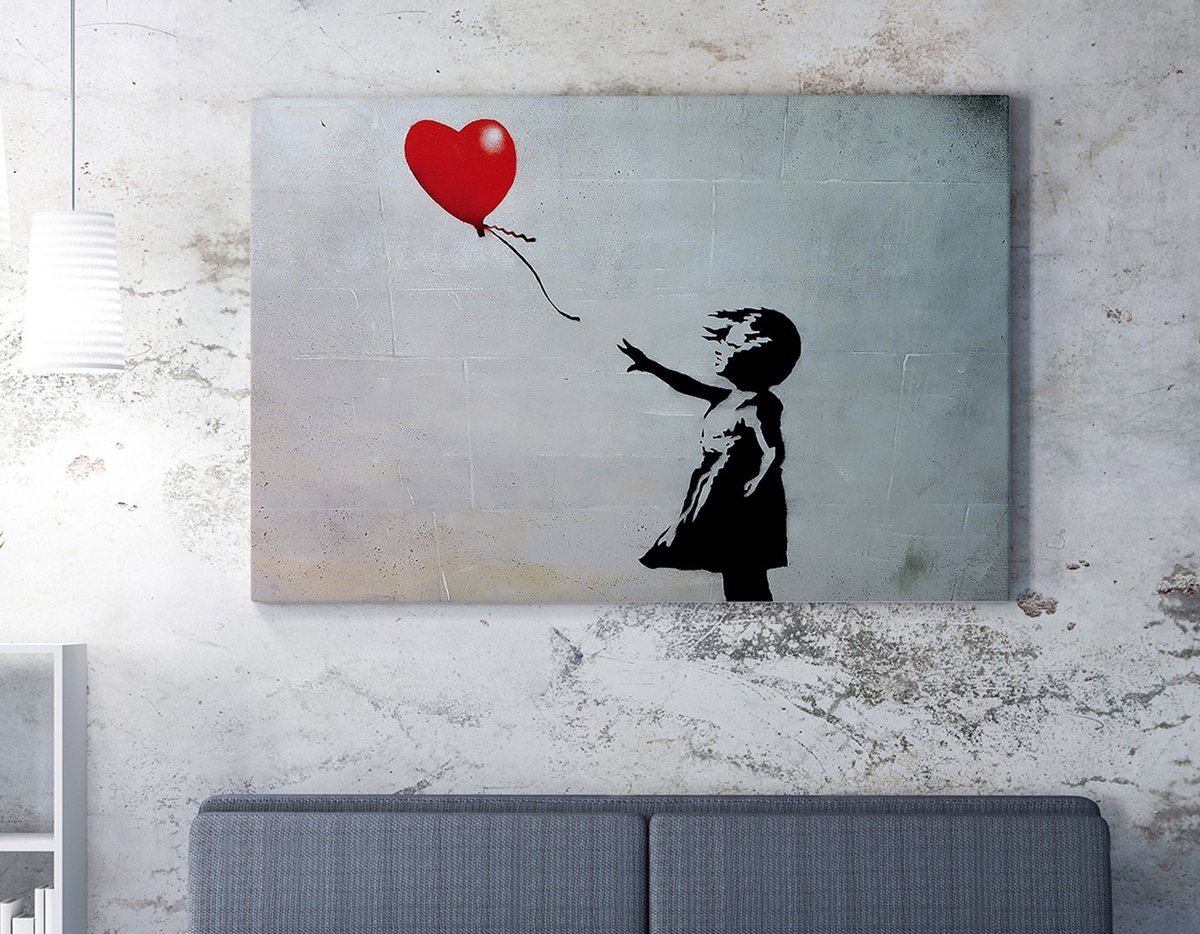 Woondecoratie - "Girl with Balloon Banksy" Katoen Polyester Canvas Schilderij - 70x100x3cm - Veelkleurig en Stijlvol Ingelijst