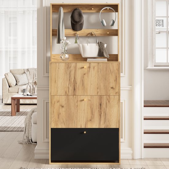 Moderne Schoenenkast Met Haken - 3 Klapbare Opbergvakken - Voor Hal En Gang - Houtkleur En Zwart - 75x24x180 Cm — afbeelding 3