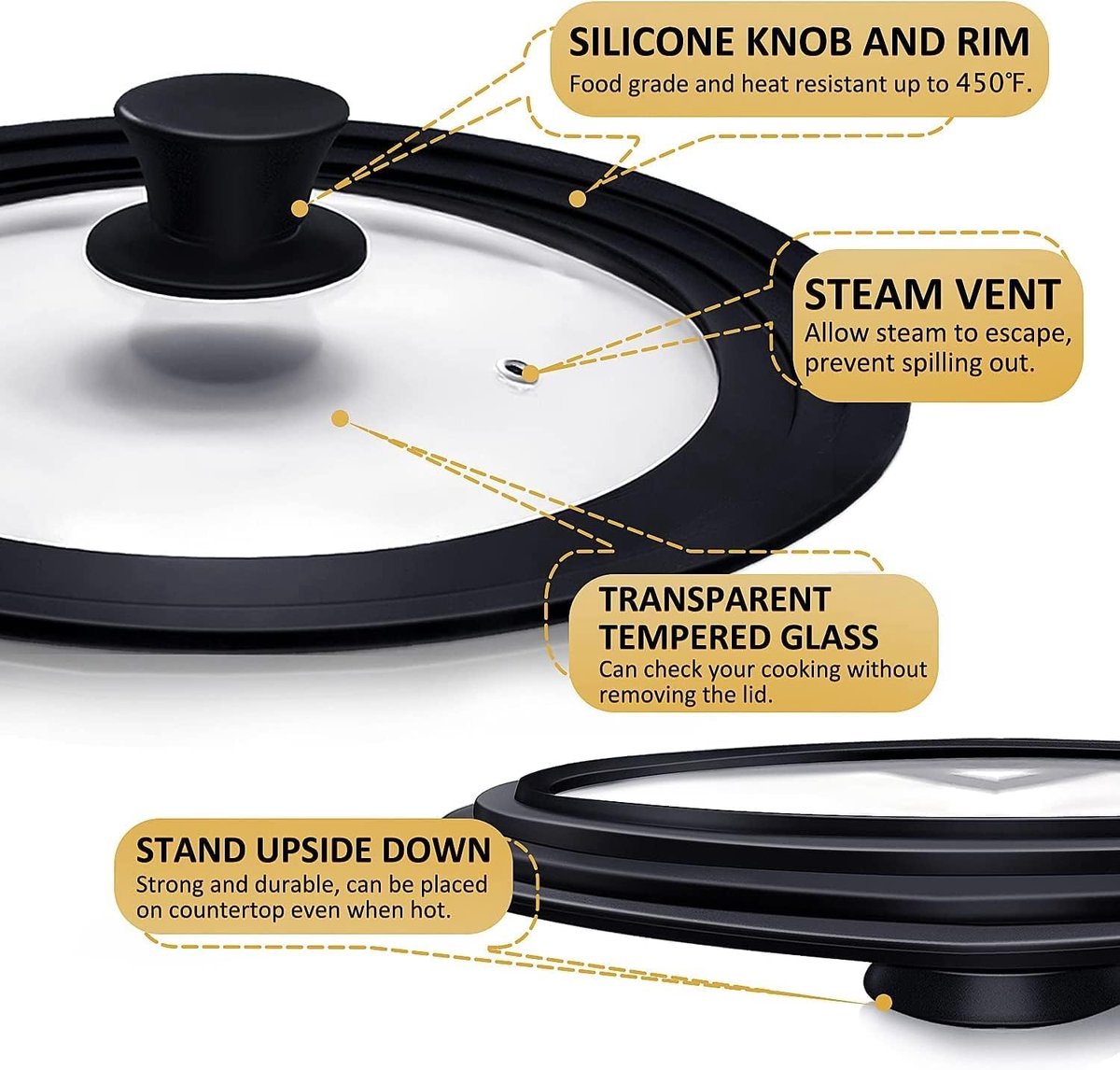 Universal lid for pots, pans and frying pans, pan lid with heat-resistant silicone rim and tempered glass - ShopVlot
