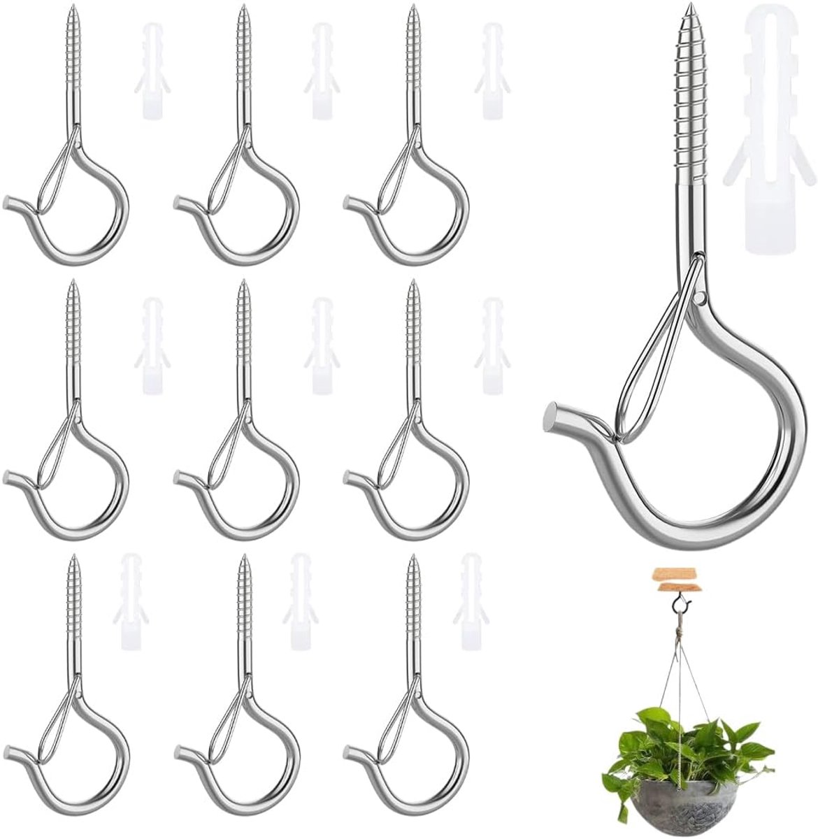 Pack of 10 screw hooks made of robust stainless steel with secure ceiling hooks for hanging plant baskets, Christmas - ShopVlot