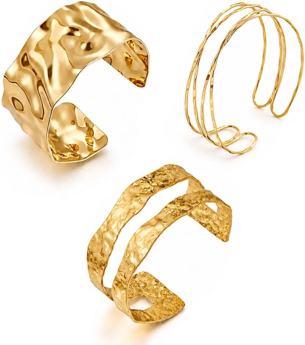 3 stuks gouden armbanden, modieus, verstelbaar, voor dames, elegant, minimalistisch, metaal, verguld, dames - ShopVlot