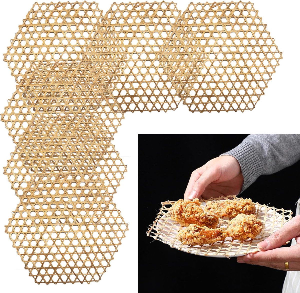 Bamboo Steam Mat, Steamer Pot Insert - 6 Pieces, Hexagonal Mat, Reusable, Suitable for Frying Food, Decorating - ShopVlot