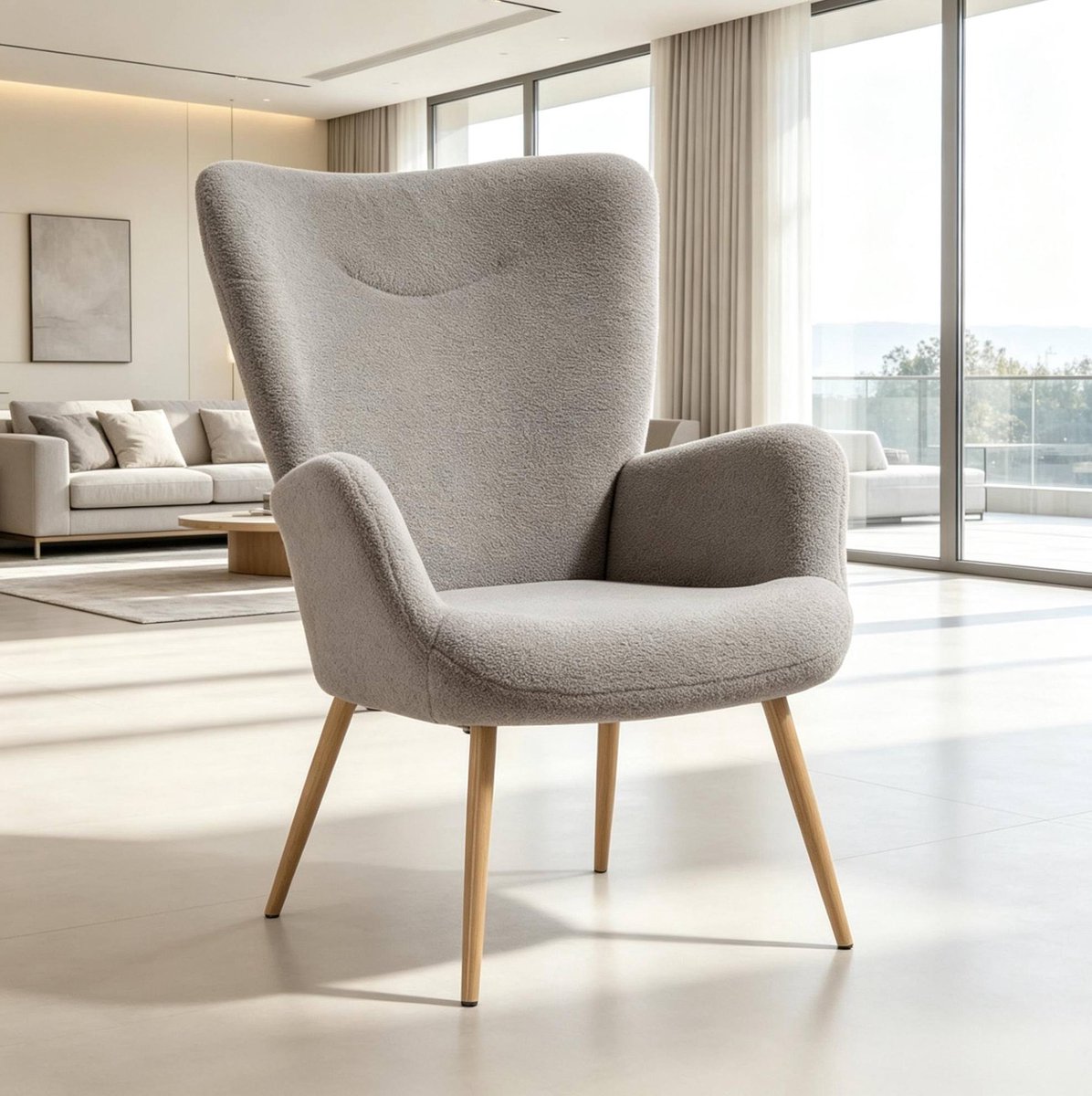 OKWISH Fauteuil 71 x 74 x 97,5 cm - Hoge Rugleuning Met Geïntegreerde Armleuningen - Voor Woonkamer Slaapkamer Of Leeshoek - Stof En Metaal - Grijs