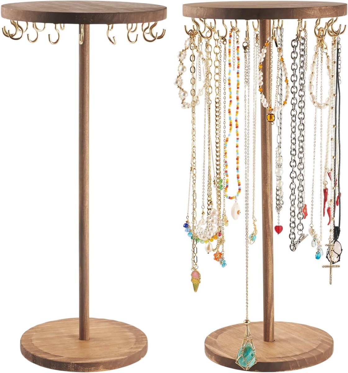 Wooden Jewelry Display Tower Rack 40CM Vintage Wooden Jewelry Hanging Holder Round Desktop Storage for Necklaces - ShopVlot