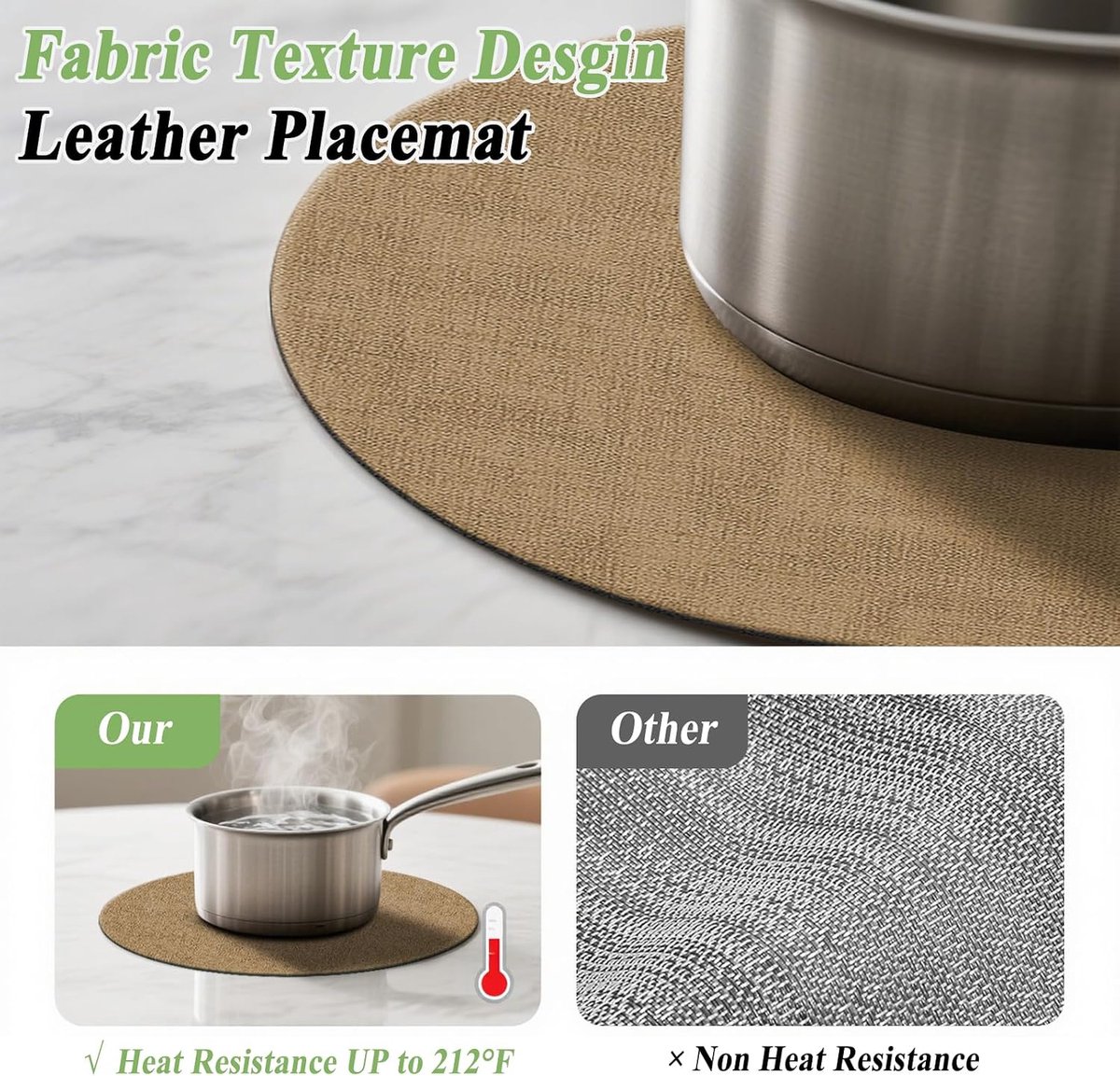 4 Round Leather Placemats (38cm) + 4 Coasters (10cm) Set, Heat Resistant Placemats, Non-Slip and Washable, Double - ShopVlot