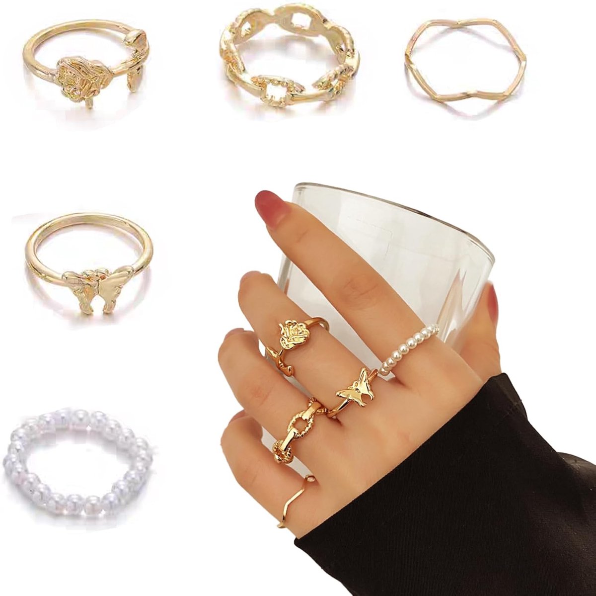 Pack of 5 Women's Bohemian Rings Stackable Stainless Steel Adjustable Design Flower Leaf Pearl Statement Rings Hinge - ShopVlot