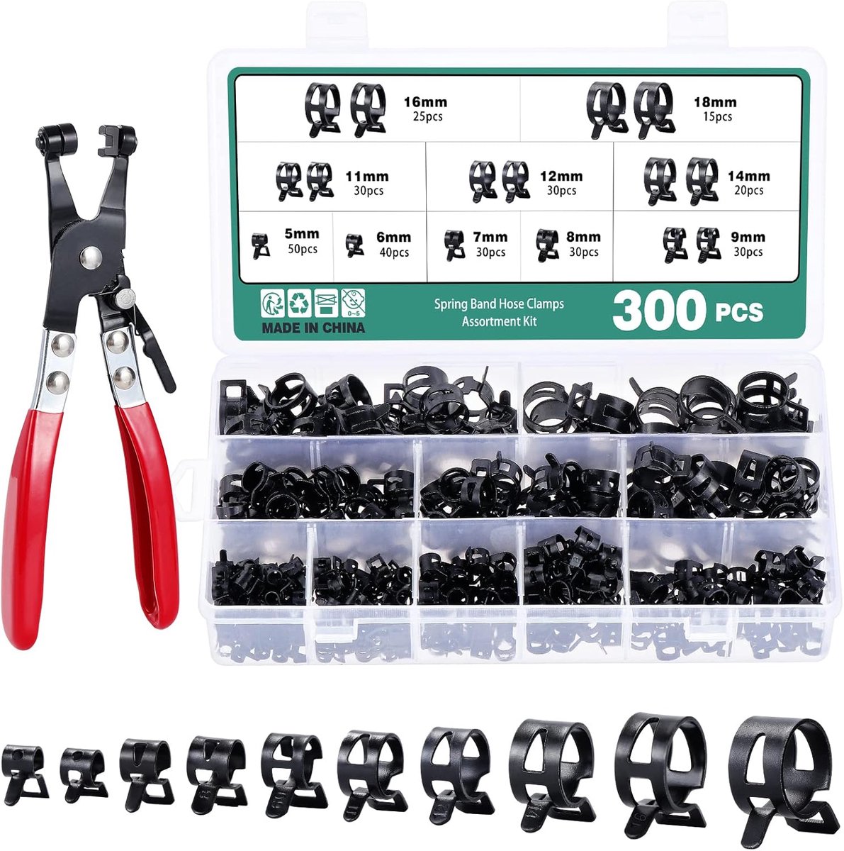 300pcs 10 Sizes 5-18mm Fuel Line Hose Clamps Water Pipe Air Tube Silicone Vacuum Hose Clamp Fastener Assortment Kit - ShopVlot