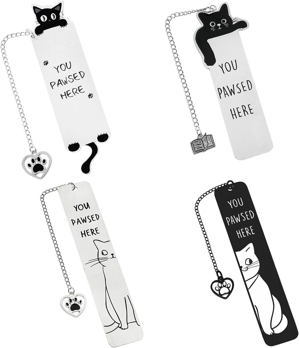 4 stuks kattenboekenleggers, metalen bladwijzers met ketting en kattenhanger, cadeaus voor kattenliefhebbers, leraren - ShopVlot