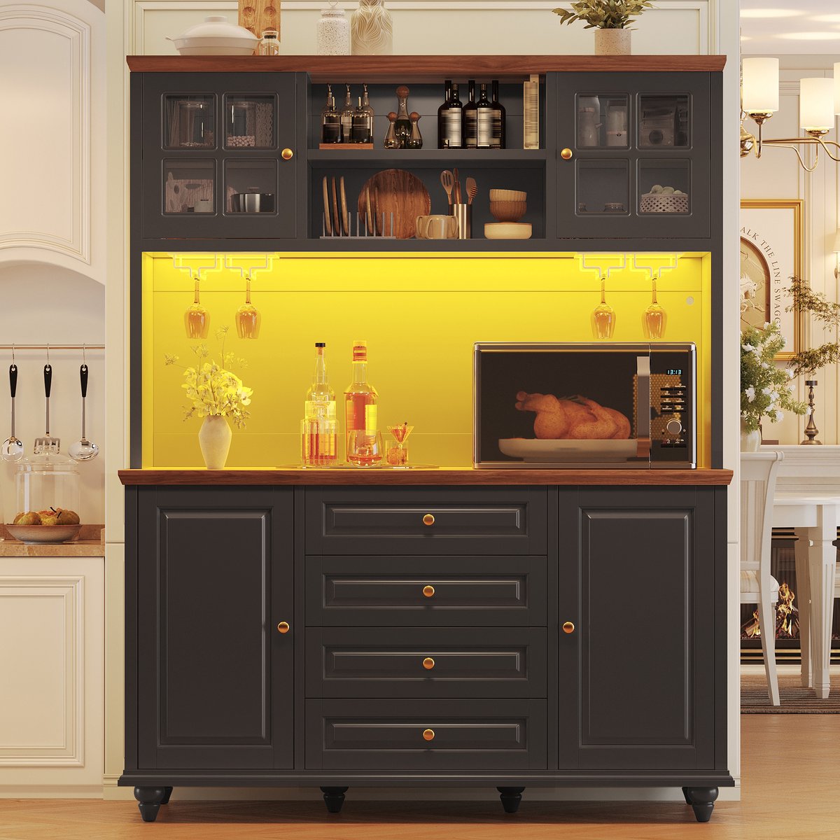 DESMIU Keukenkast - Highboard Met RGB Led En Verstelbare Planken - Voor Keuken En Woonkamer - MDF - Zwart - 140x40x179,5 Cm