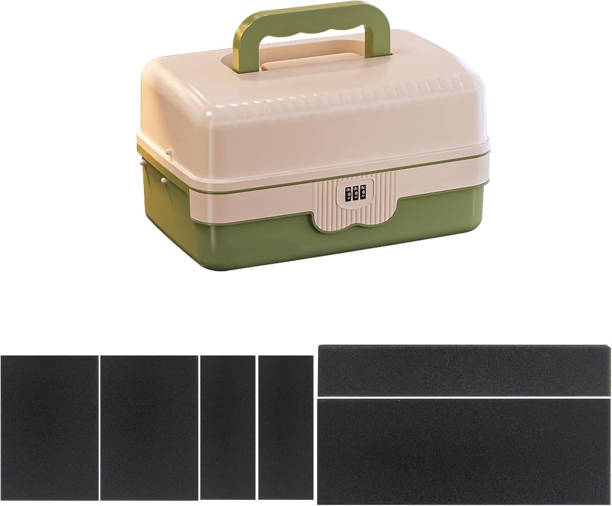 3-laags afsluitbare doos voor medicijnen en waardevolle spullen, met combinatieslot en veilige opslag (groen, 29 x 18,5 x 15,5 cm)