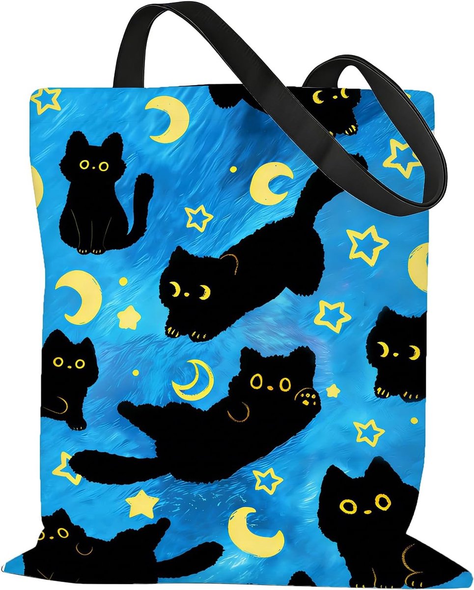 Stoffen tas zwarte kat - jute tas - bedrukt kattenmotief - ideale boodschappentas - ShopVlot