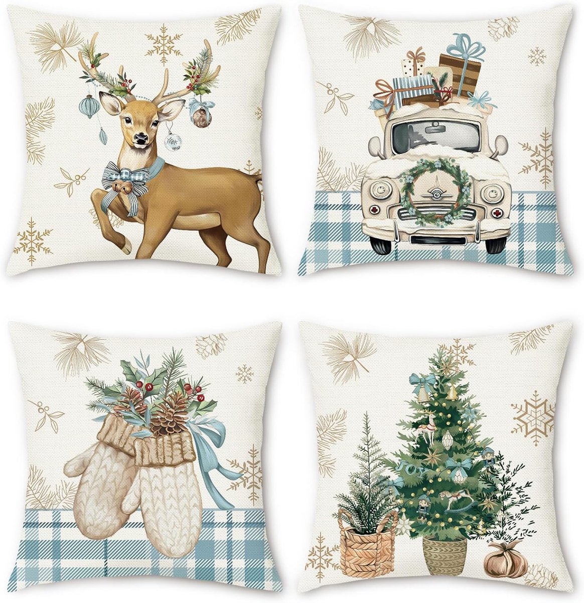 Kussenhoezen 45x45cm - Polyester linnen - Kerstontwerpen met rendieren en sneeuwvlokken - Creëer een gezellige sfeer - ShopVlot