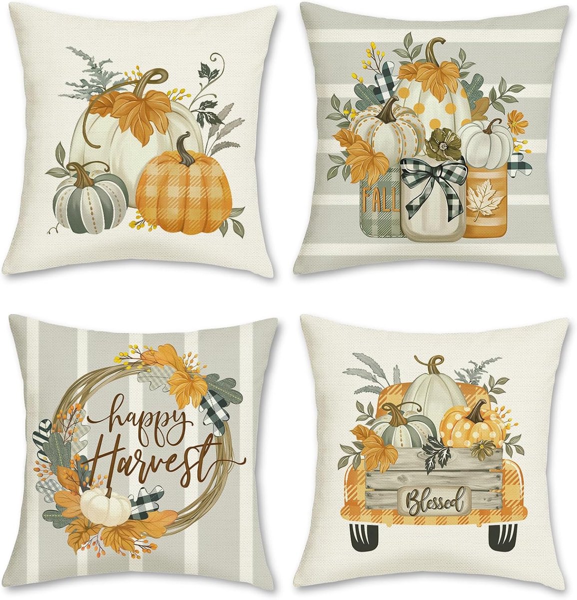 Kussenhoezen 45 x 45 cm - Polyester linnen - Herfst pompoen ontwerp - Decoratie voor huis en tuin - ShopVlot
