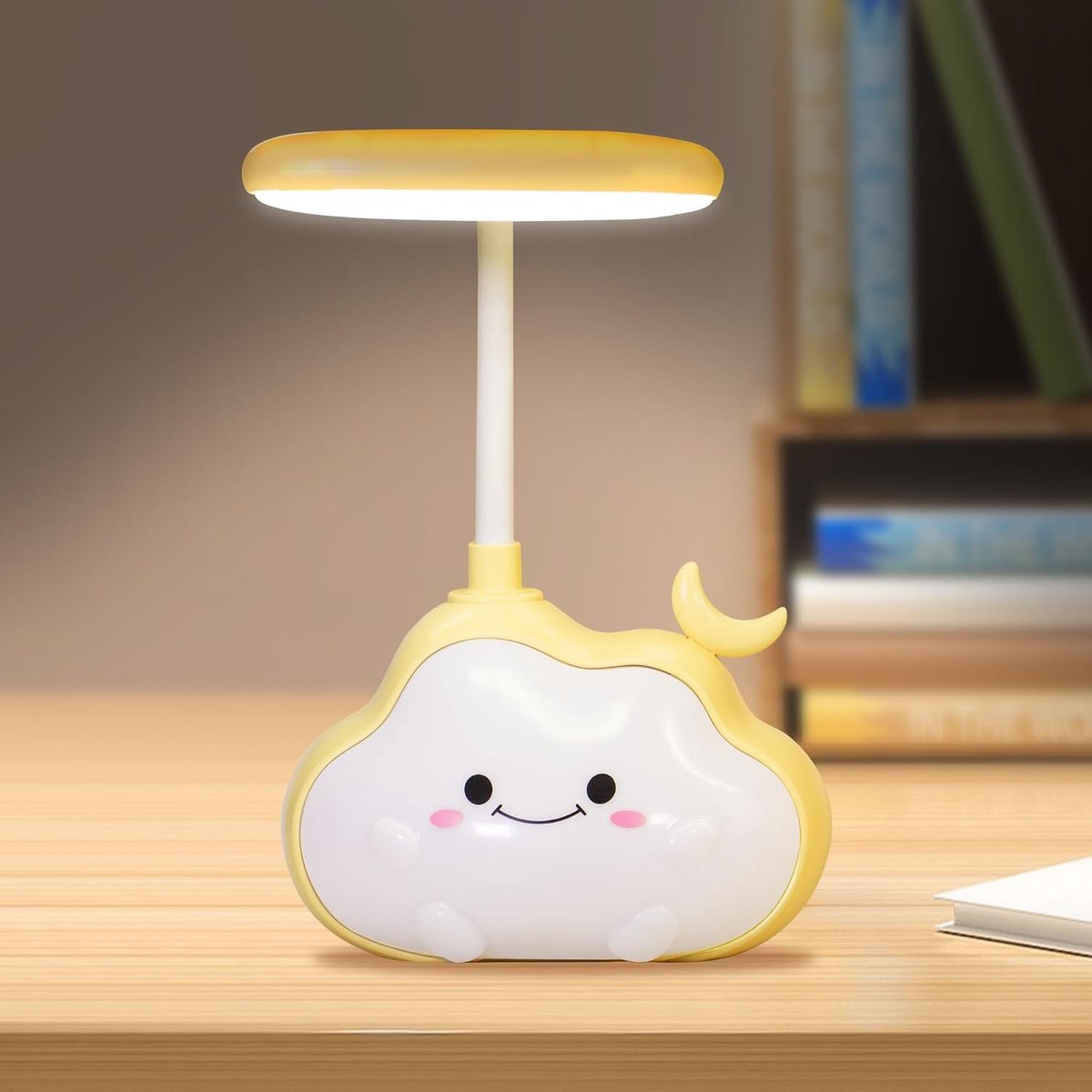 Cute Cloud LED Desk Lamp, USB Rechargeable, Color Changing Night Lamp, Flexible Arm, Kids Room Decoration (Yellow Moon) - ShopVlot