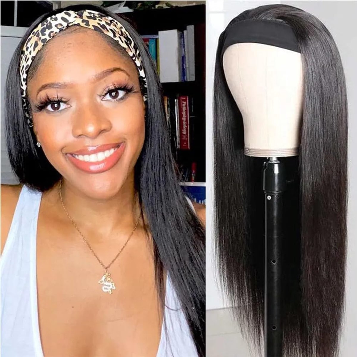 Straight Headband Human Hair Wig For Black Women Brazilian Virgin Hair Wig None Lace Wigs With Headband Natural Black - ShopVlot