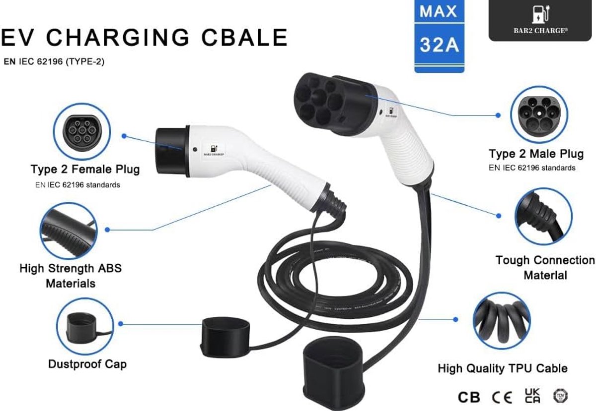 22kW Charging Cable Type 2 – 3 Phase - 32A - 5 m - IEC 62196 - With Dust Cover and TPU Protection - ShopVlot