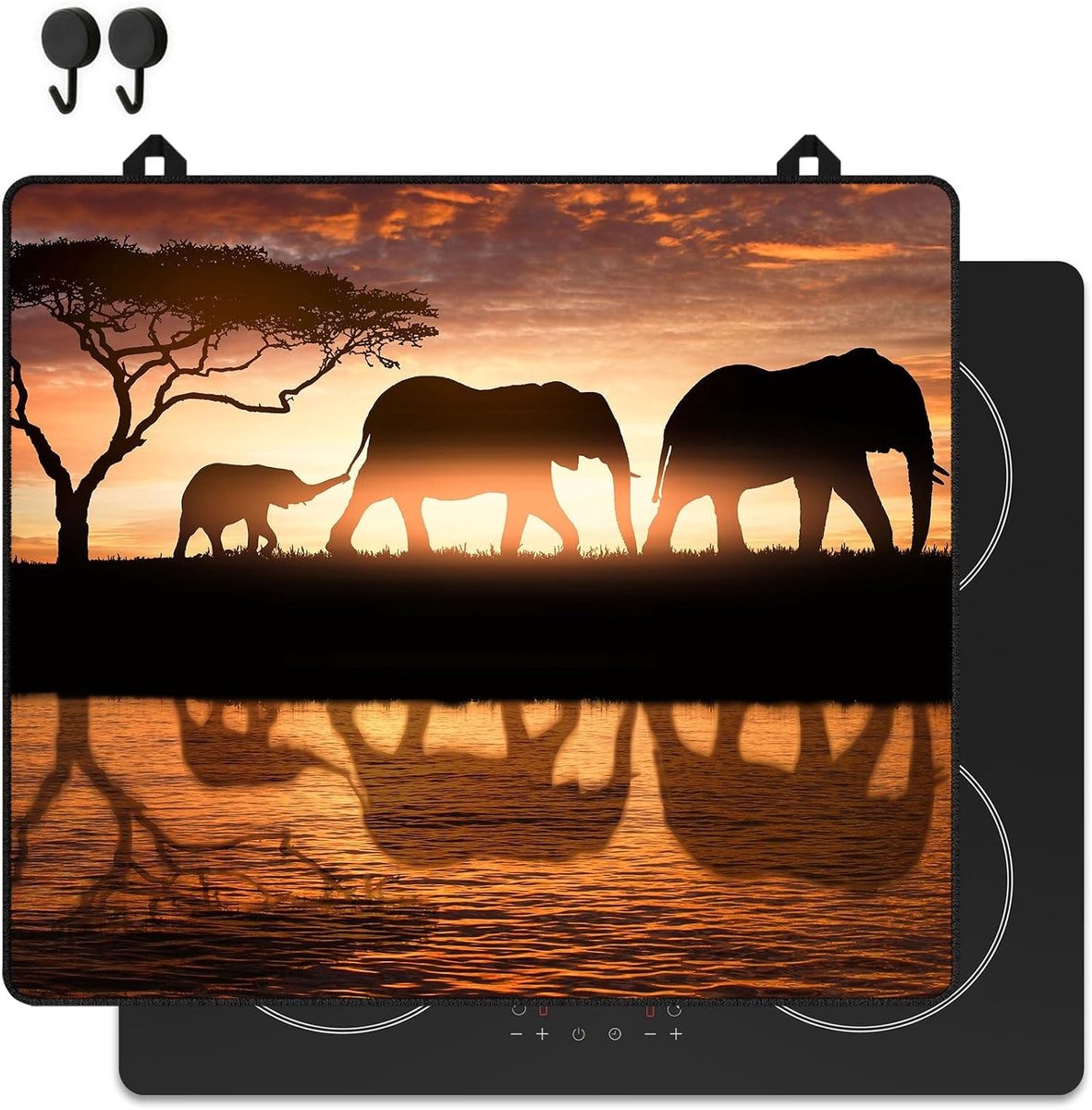 Induction Protector Elephants Family in the Savannah at Sunset - 60x52cm - Cover Plate for Hob - Induction Mat - ShopVlot