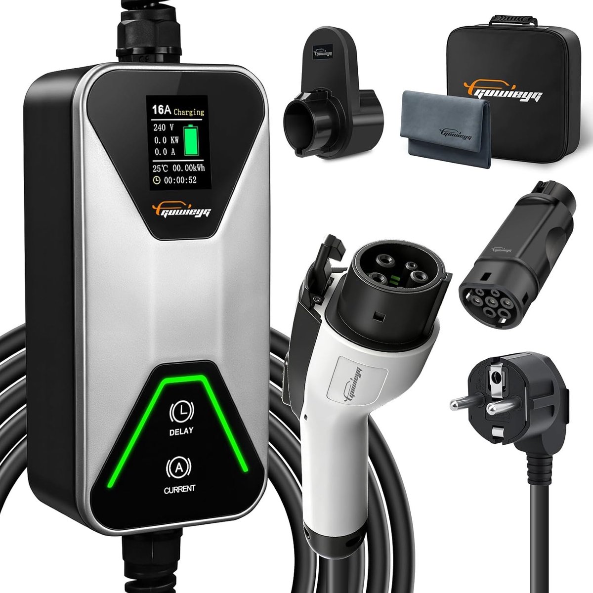Type 1 Charging Cable, 3.5kW 5M Schuko EV Charger, Adjustable Current 8-16A - ShopVlot