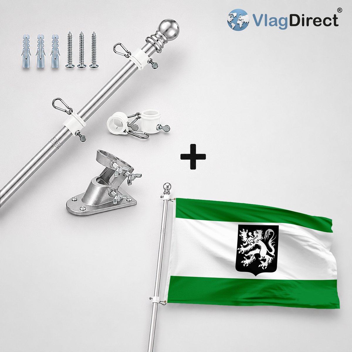 VlagDirect - Compleet vlaggenpakket - Zilveren vlaggenstok inclusief vlaggenstokhouder + Gemeente Merksplas vlag - 90 x 150 cm.