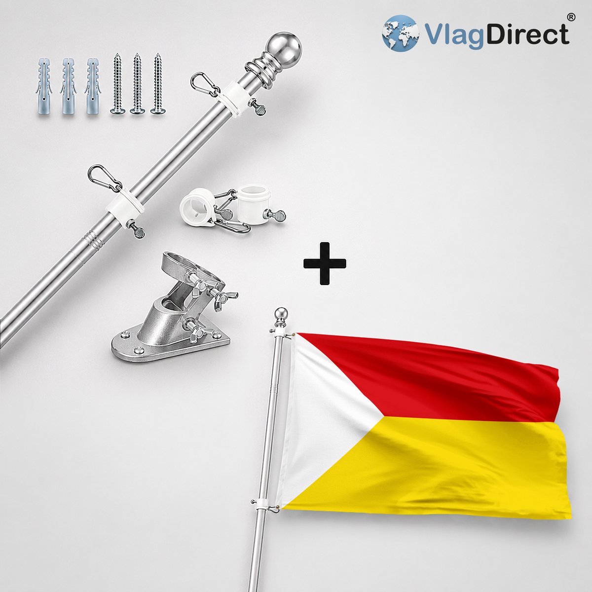 VlagDirect - Compleet vlaggenpakket - Zilveren vlaggenstok inclusief vlaggenstokhouder + Rumstse vlag - Gemeente Rumst vlag - 90 x 150 cm.