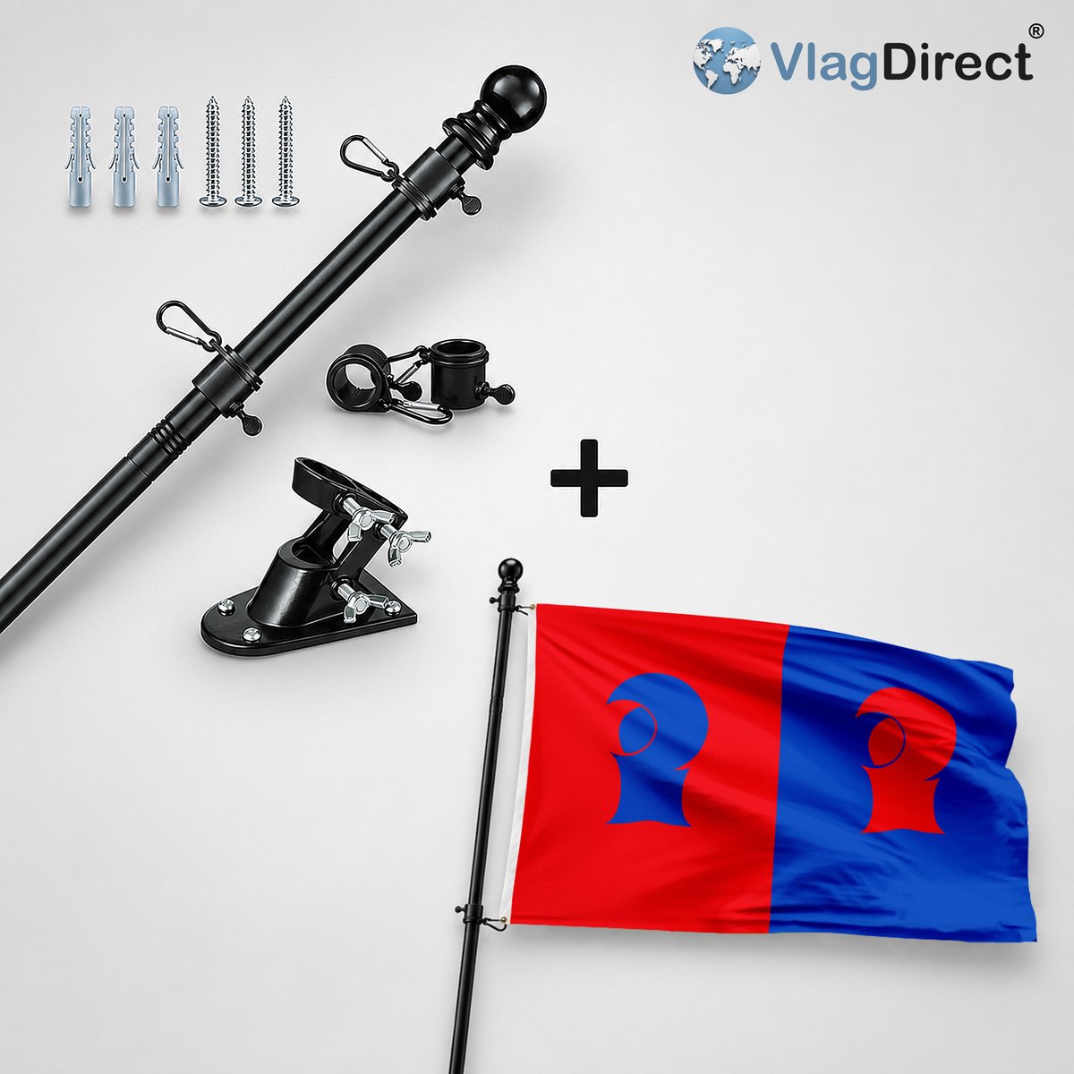 VlagDirect - Compleet vlaggenpakket - Zwarte vlaggenstok inclusief vlaggenstokhouder + Kaprijkse vlag - Gemeente Kaprijke vlag - 90 x 150 cm.