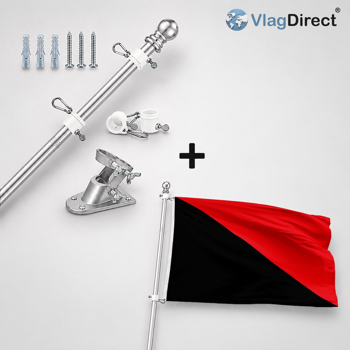 VlagDirect - Compleet vlaggenpakket - Zilveren vlaggenstok inclusief vlaggenstokhouder + Gemeente Sambreville vlag - 90 x 150 cm.