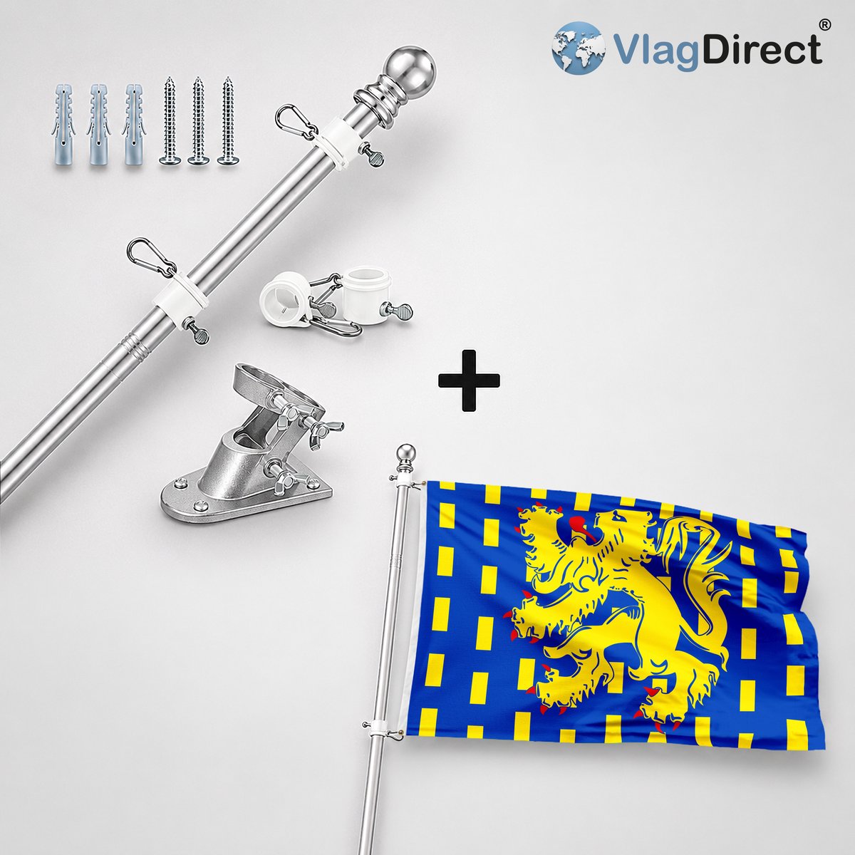 VlagDirect - Compleet vlaggenpakket - Zilveren vlaggenstok inclusief vlaggenstokhouder + Bekkevoortse vlag - Gemeente Bekkevoort vlag - 90 x 150 cm.