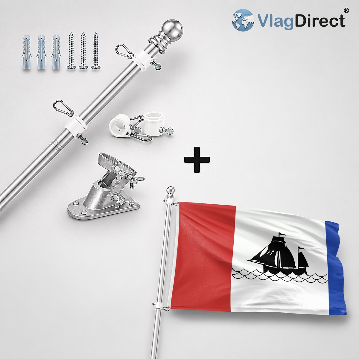 VlagDirect - Compleet vlaggenpakket - Zilveren vlaggenstok inclusief vlaggenstokhouder + Pekela vlag - Gemeente Pekela vlag - 90 x 150 cm.