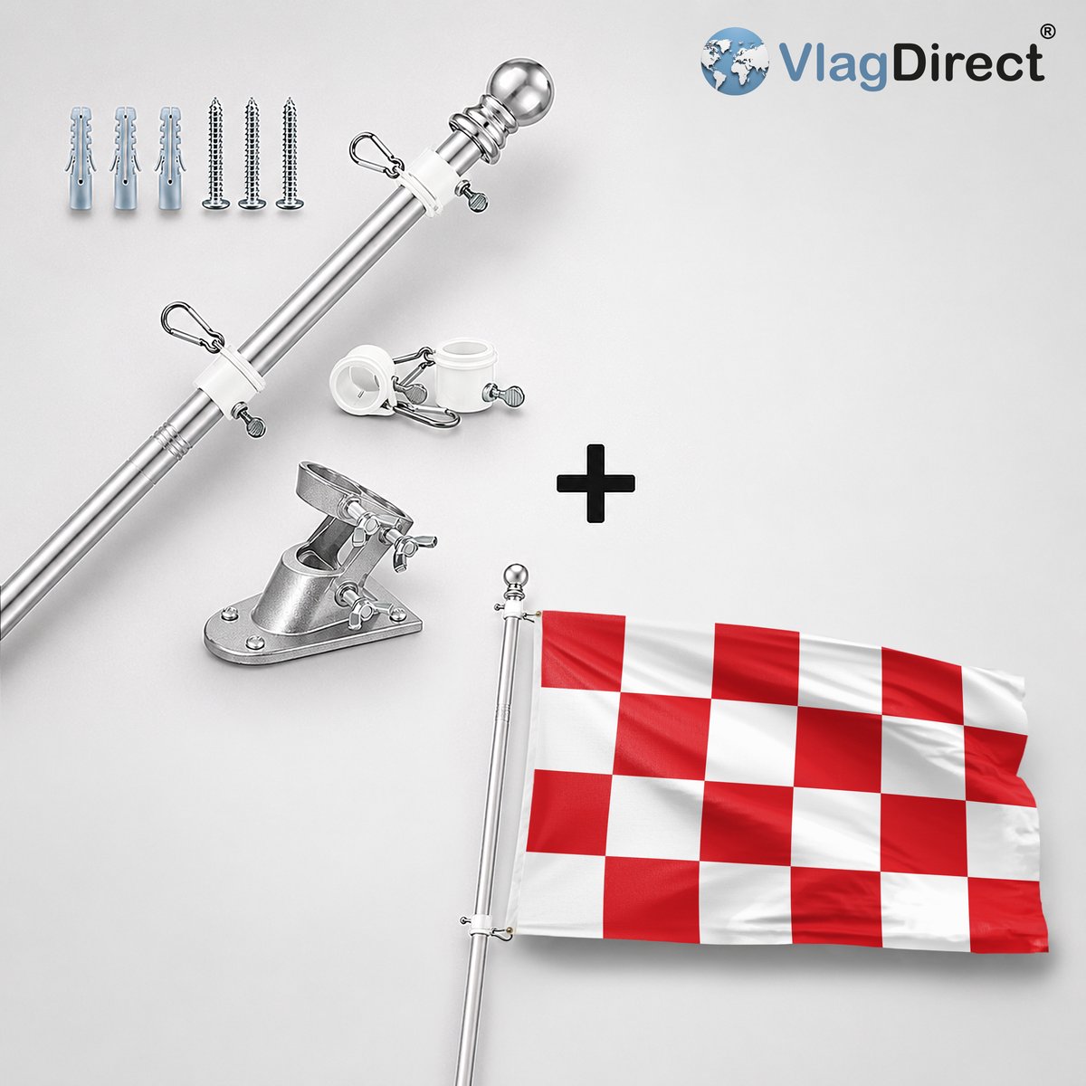 VlagDirect - Compleet vlaggenpakket - Zilveren vlaggenstok inclusief vlaggenstokhouder + Brabantse vlag - Brabant vlag - Noord-Brabant vlag - 150 x 225 cm - XL vlag.
