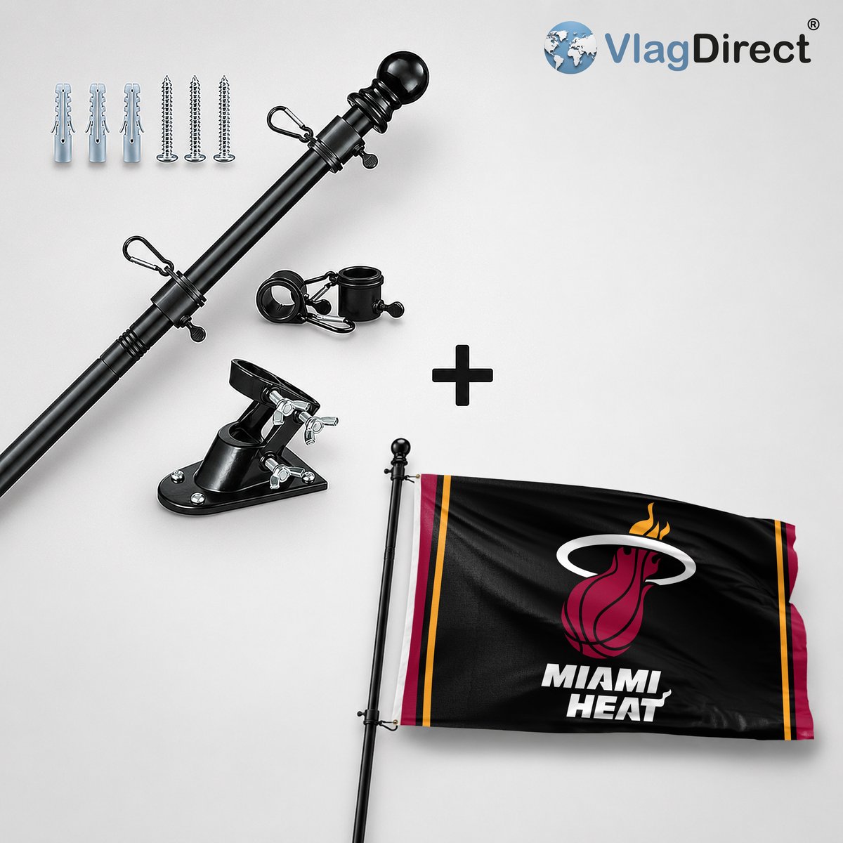 VlagDirect - Compleet vlaggenpakket - Zwarte vlaggenstok inclusief vlaggenstokhouder + Miami Heat vlag - Miami Heat basketbalteam vlag - 90 x 150 cm.