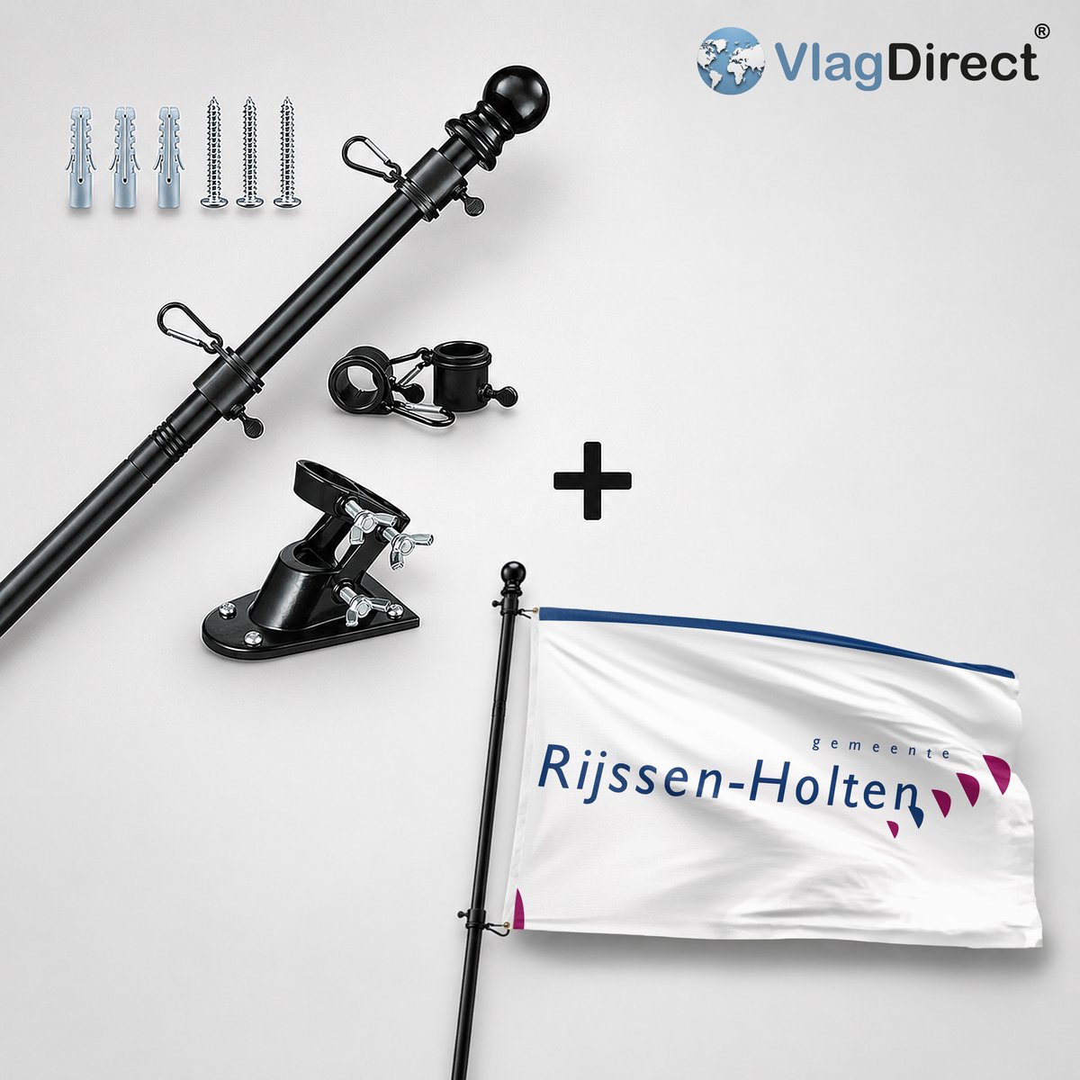 VlagDirect - Compleet vlaggenpakket - Zwarte vlaggenstok inclusief vlaggenstokhouder + Rijssen-Holten vlag - Gemeente Rijssen-Holten vlag - 90 x 150 cm.