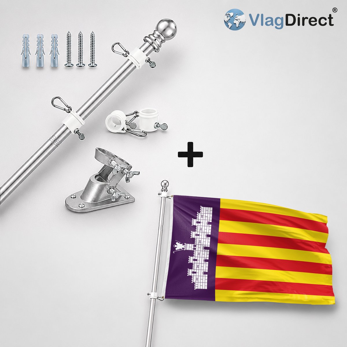 VlagDirect - Compleet vlaggenpakket - Zilveren vlaggenstok inclusief vlaggenstokhouder + Mallorcaanse vlag - Mallorca vlag - 90 x 150 cm.