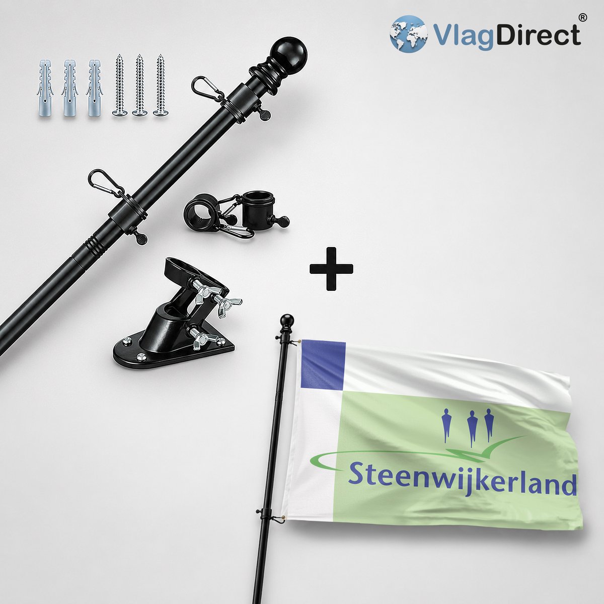 VlagDirect - Compleet vlaggenpakket - Zwarte vlaggenstok inclusief vlaggenstokhouder + Steenwijkerland vlag - Gemeente Steenwijkerland vlag - 90 x 150 cm.