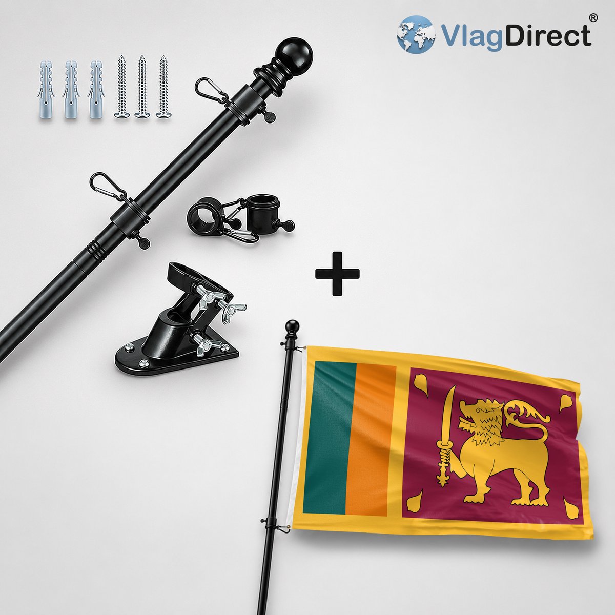 VlagDirect - Compleet vlaggenpakket - Zwarte vlaggenstok inclusief vlaggenstokhouder + Sri Lankaanse vlag - Sri Lanka vlag - 90 x 150 cm