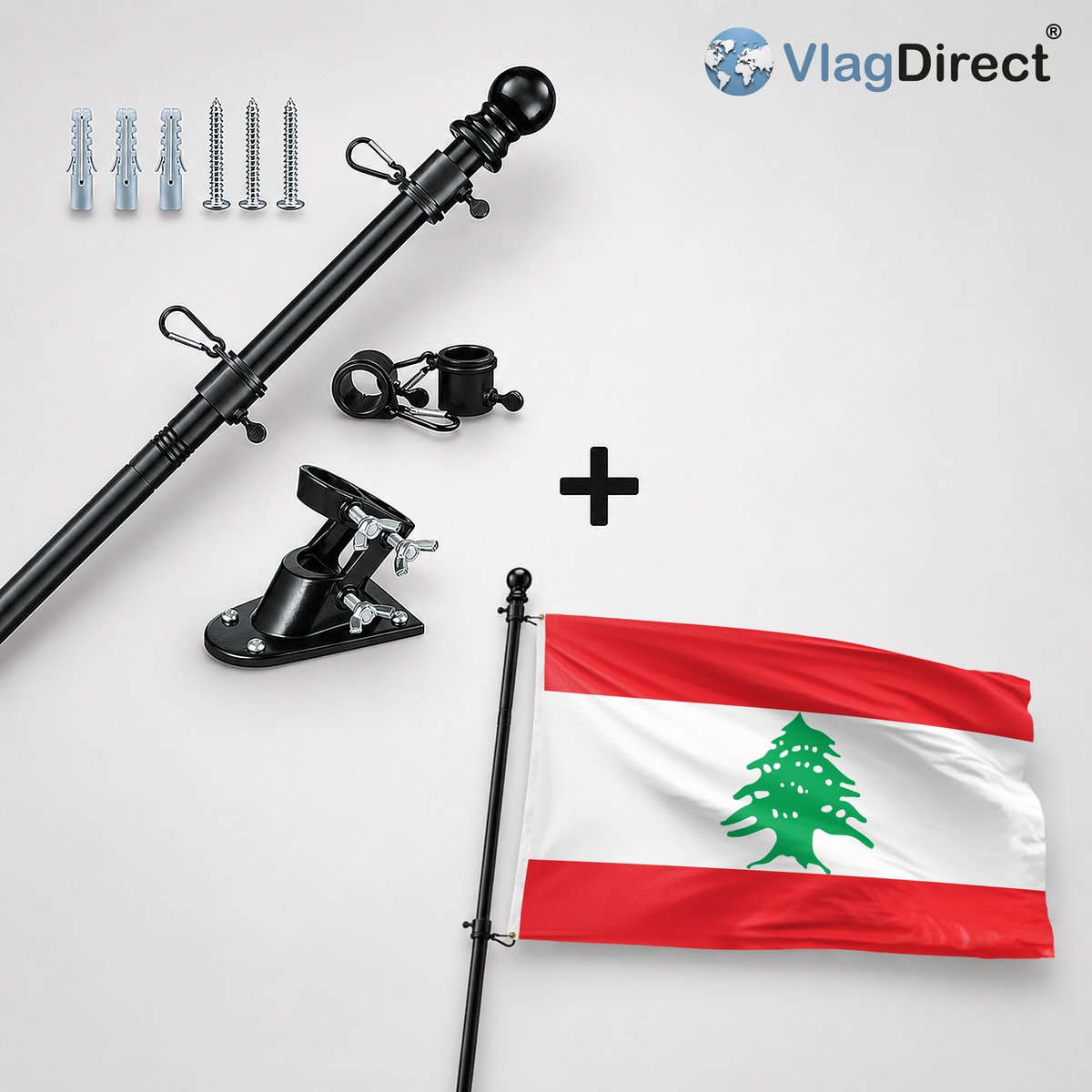 VlagDirect - Compleet vlaggenpakket - Zwarte vlaggenstok inclusief vlaggenstokhouder + Libanese vlag - Libanon vlag - 90 x 150 cm.