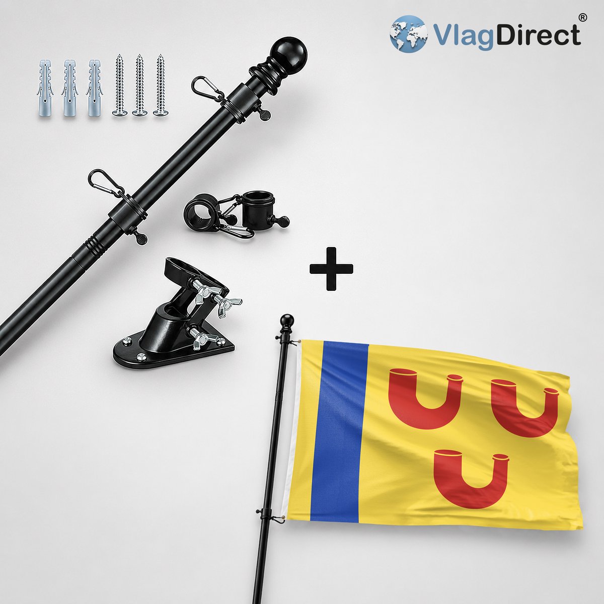 VlagDirect - Compleet vlaggenpakket - Zwarte vlaggenstok inclusief vlaggenstokhouder + Leudal vlag - Gemeente Leudal vlag - 90 x 150 cm.