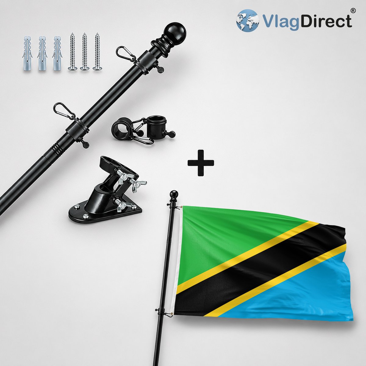 VlagDirect - Compleet vlaggenpakket - Zwarte vlaggenstok inclusief vlaggenstokhouder + Tanzaniaanse vlag - Tanzania vlag - 90 x 150 cm