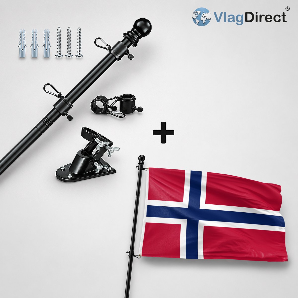 VlagDirect - Compleet vlaggenpakket - Zwarte vlaggenstok inclusief vlaggenstokhouder + Noorse vlag - Noorwegen vlag - 90 x 150 cm.