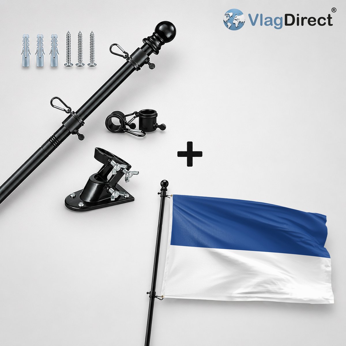 VlagDirect - Compleet vlaggenpakket - Zwarte vlaggenstok inclusief vlaggenstokhouder + Assen vlag - Gemeente Assen vlag - 90 x 150 cm.