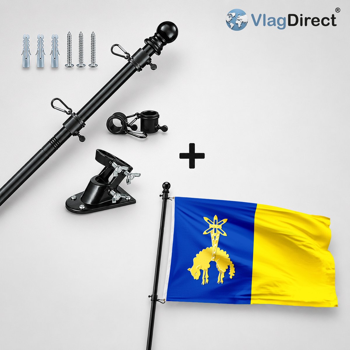 VlagDirect - Compleet vlaggenpakket - Zwarte vlaggenstok inclusief vlaggenstokhouder + Gemeente Dison vlag - 90 x 150 cm.