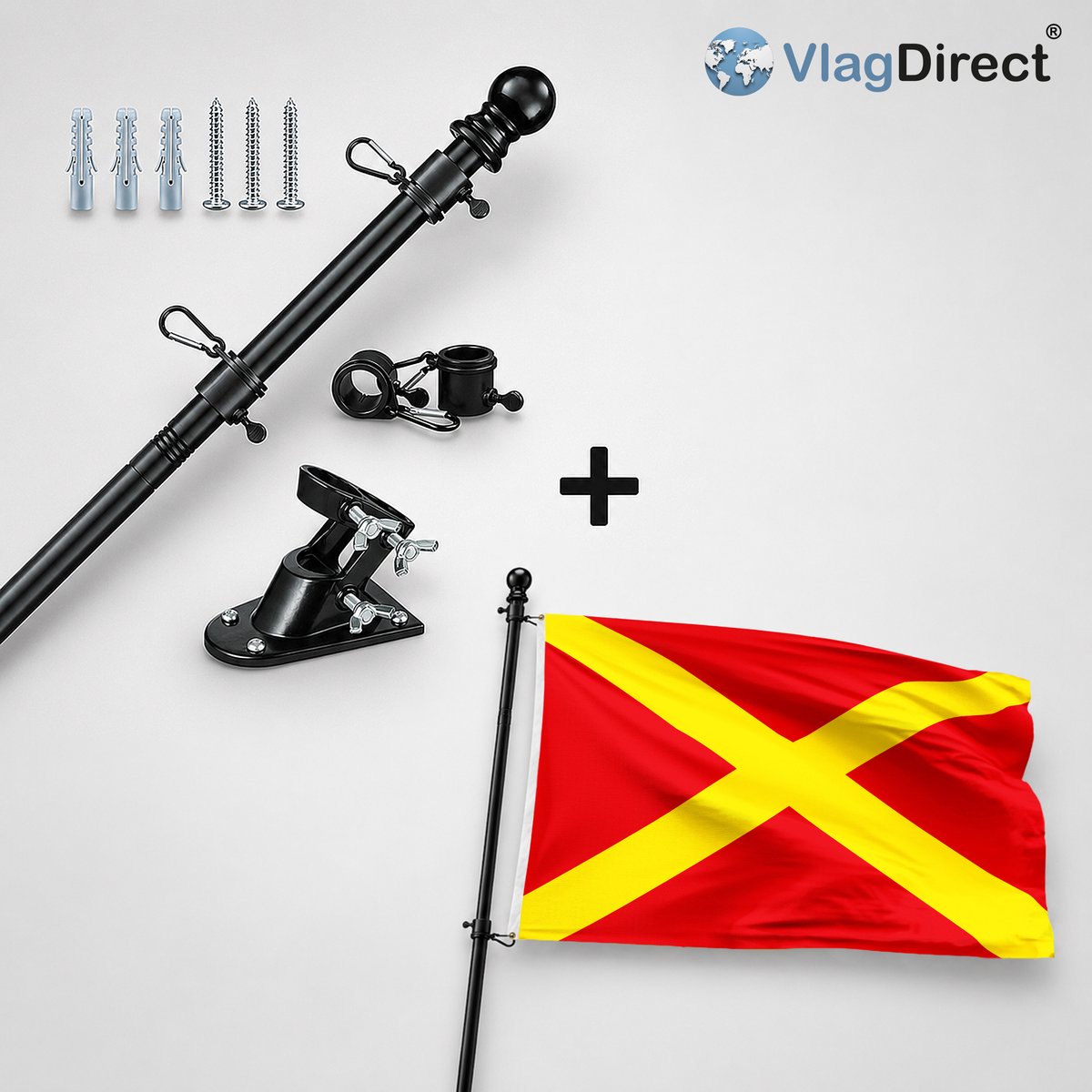 VlagDirect - Compleet vlaggenpakket - Zwarte vlaggenstok inclusief vlaggenstokhouder + Gemeente Pont-à-Celles vlag - 90 x 150 cm.