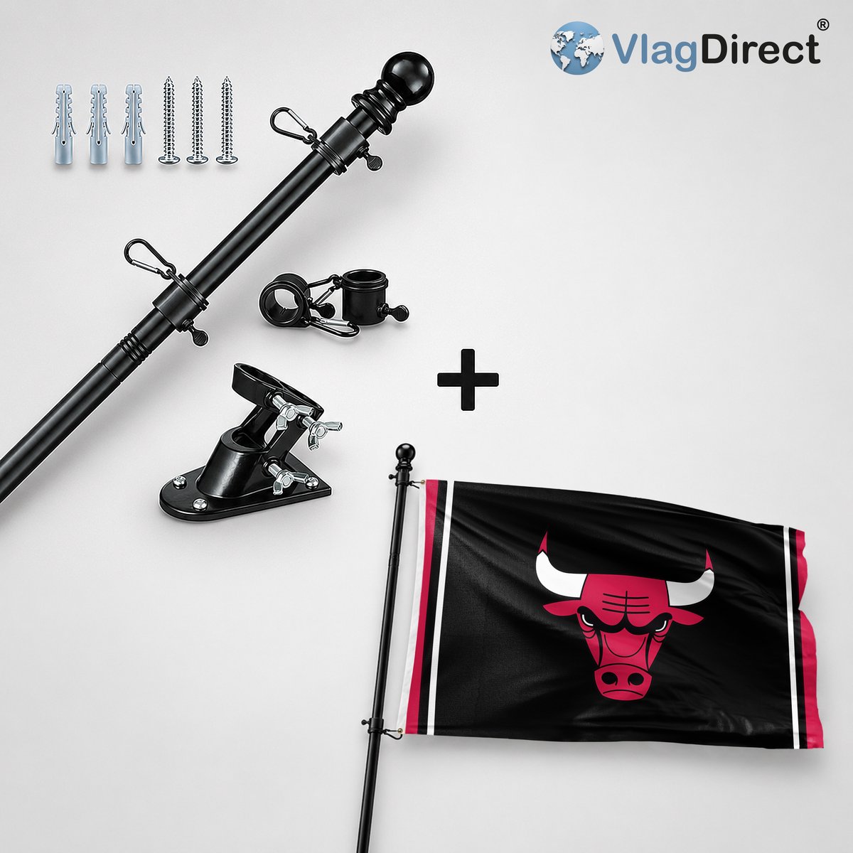 VlagDirect - Compleet vlaggenpakket - Zwarte vlaggenstok inclusief vlaggenstokhouder + Chicago Bulls vlag - Chicago Bulls basketbalteam vlag - 90 x 150 cm.