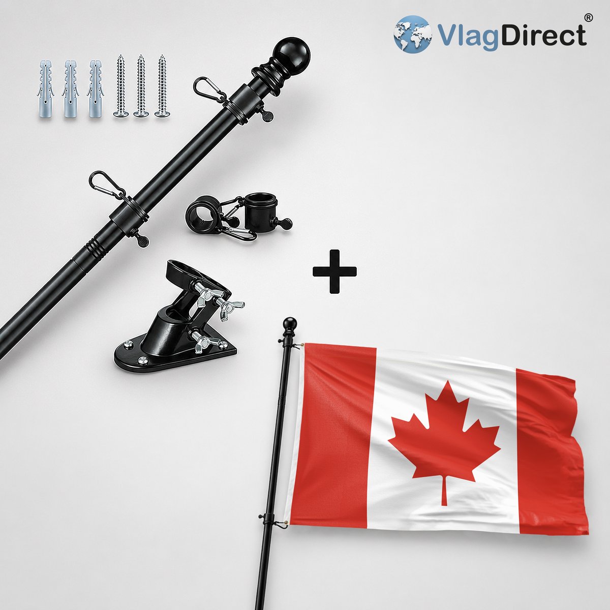 VlagDirect - Compleet vlaggenpakket - Zwarte vlaggenstok inclusief vlaggenstokhouder + Canadese vlag - Canada vlag - 90 x 150 cm.