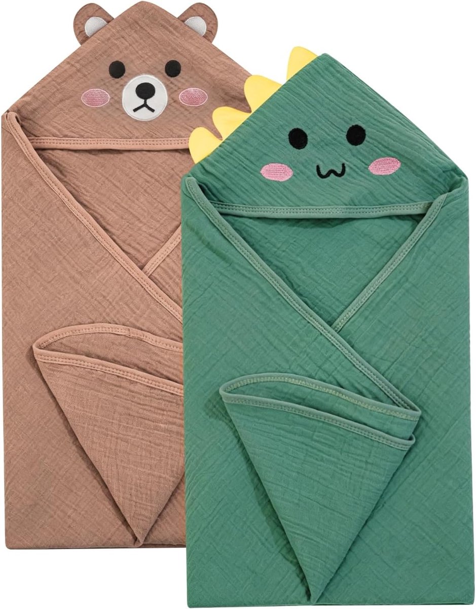 2 stuks mousseline babyhanddoek met capuchon, 81 x 81 cm, zachte katoenen babybadhanddoek, uniseks, babycadeau - ShopVlot