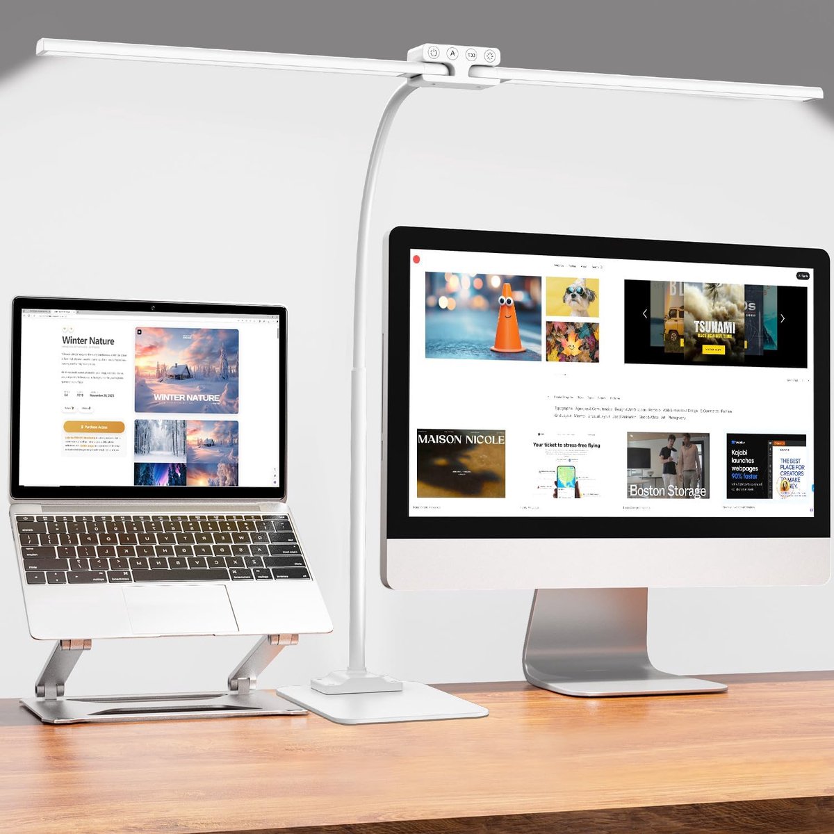LED desk lamp 24 W, double lamp head, with base, white - Flexible gooseneck & control: Touch control, multiple modes - ShopVlot