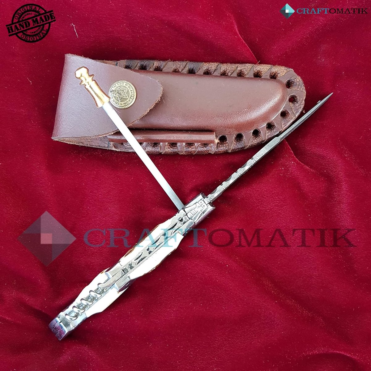 Damask Steel Pocket Knife - Folding Knife Laguiole - Staghorn, Stainless Steel Handle with Corkscrew - ShopVlot