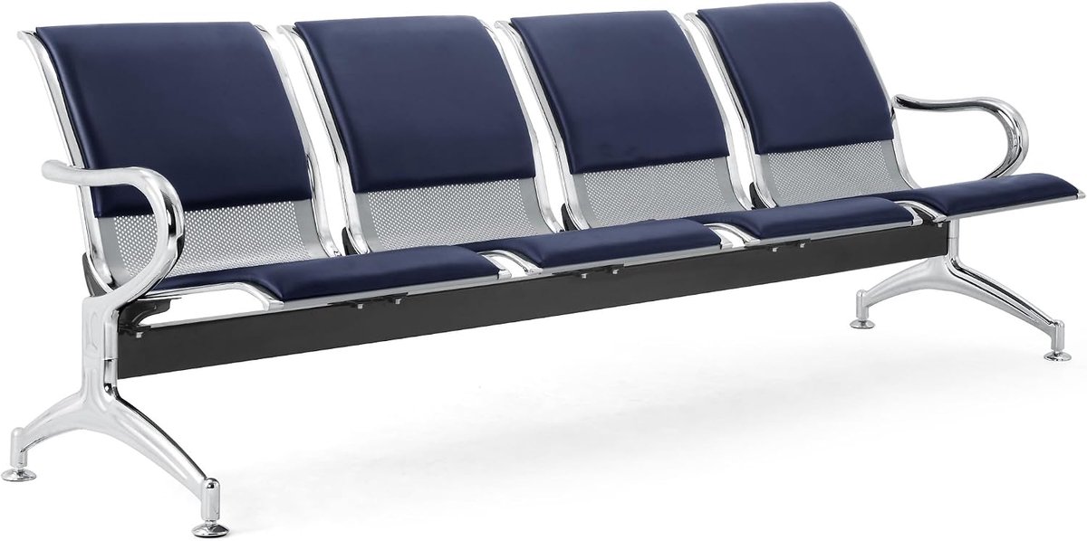 Bank 4-zits staal 240x71x78H zilver voor wachtkamer - incl. zitkussen en rugleuning marineblauw 119 - ShopVlot